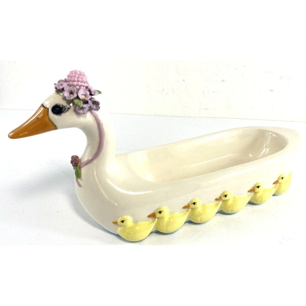 Vtg White Ceramic Duck with Ducklings Cracker Food Tray Signed Floral Hat